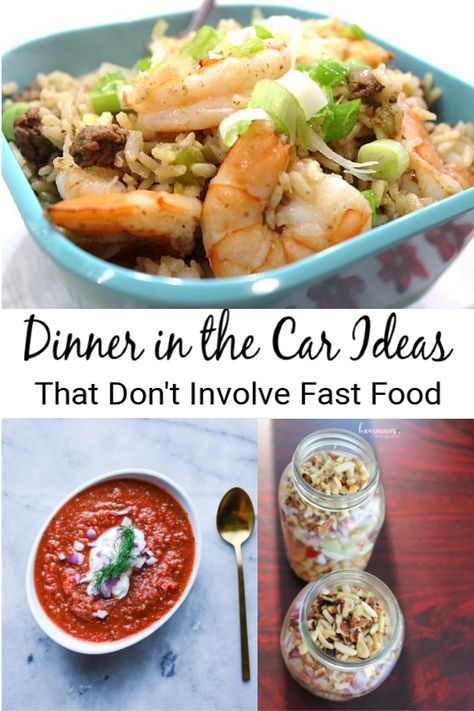 We all have those days or weeks where we're on-the-go from sun up to sunset! We put together a list of quick dinner in the car ideas that don't involve fast food. Just prep in advance and get the proper containers and cooler and you're good-to-go! #dinnertogo #quickdinner #dinnerinthecar #mealprep #planaheadmeals #sportsnightmeals #quickmeals Quick Dinners On The Go, Dinners In The Car, In The Car Dinner Ideas, Travel Dinner Ideas Meals, Car Dinner Ideas, Meals In The Car, Meals To Eat In The Car, Baseball Dinners On The Go, Baseball Night Dinner Ideas