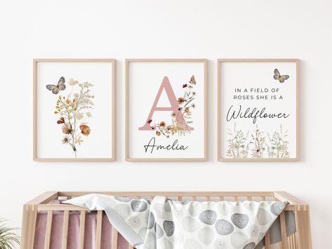 Girl Nursery Wall Art, Girl Nursery Wall, Nursery Art Girl, Floral Initial, Wall Art Watercolor, Boho Nursery Decor, Initial Prints, Floral Nursery