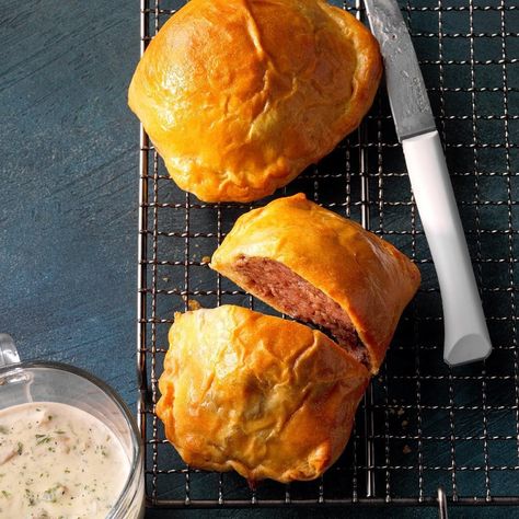 Trying new recipes—like this air-fryer Wellington—is one of my favorite hobbies. I replaced the filet mignon with ground beef, while still keeping the beefy goodness. —Julie Frankamp, Nicollet, Minnesota Ground Beef Air Fryer Recipes, Beef Air Fryer Recipes, Ground Beef Air Fryer, Beef Air Fryer, Ground Beef Wellington, Valentine Dessert, Ground Beef Recipe, Beef Wellington Recipe, Beef Wellington