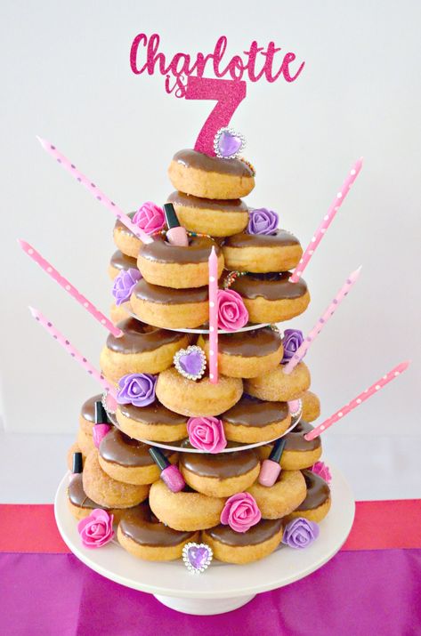 A Donut Tower Birthday Cake! Donut Towers Birthday, Cake Made Out Of Donuts Birthday, Donat Cake Birthday, Donut Birthday Tower, Mini Donut Cake Tower, Doughnut Tower Birthday, Donut Cake Birthday Tower, Birthday Donut Tower, Doughnut Cake Tower