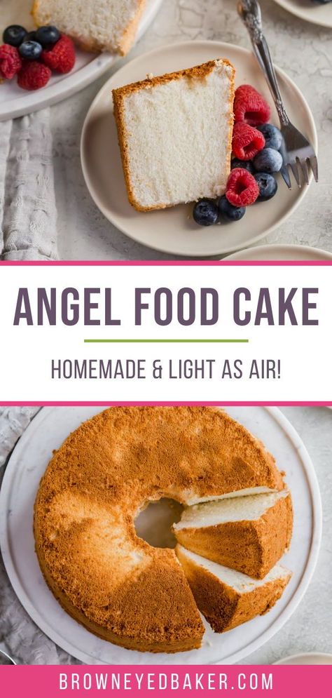 Angel Cake Recipe, Easy Angel Food Cake Recipes, Angel Food Cake Recipes, Angelfood Cake, Homemade Angel Food Cake, Brown Eyed Baker, Angel Food Cake Mix Recipes, Holiday Cake, Seasonal Desserts