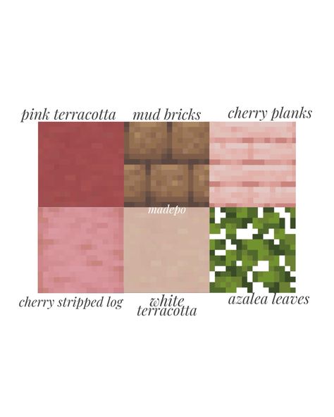 Aesthetic Pink Minecraft House, Minecraft White Terracotta House, Cute Minecraft Floor Ideas, Pink Blocks Minecraft, Cherry Blossom Colour Palette Minecraft, Cherry Blossom Block Pallet Minecraft, Minecraft Pink Gradient, Pink Terracotta Minecraft, Aesthetic Minecraft Block Combinations