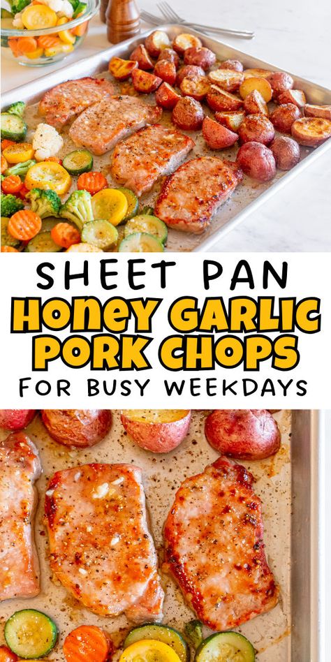 Sheet pan honey pork chops Honey Garlic Pork, Garlic Pork Chops, Roast Pork Chops, Pan Pork Chops, Potatoes And Vegetables, Honey Garlic Pork Chops, Pork Chops And Potatoes, Cooking Pork Chops, Pork Recipes For Dinner