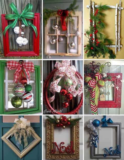 Repurpose an old picture frame to make a wreath Diy Christmas Pictures, Recycled Christmas Decorations, Christmas Picture Frames, Picture Frame Crafts, Christmas Frames, Noel Christmas, Frame Crafts, Christmas Wreaths Diy, Holiday Diy