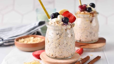 Cottage Cheese Overnight Oats (32g Protein) Cottage Cheese And Protein Powder, Cottage Cheese Overnight Oats, Cottage Cheese Pasta, Cottage Cheese Dips, Cottage Cheese Eggs, Protein Overnight Oats, Cheese Sauce For Pasta, Taco Shells, Yogurt Milk