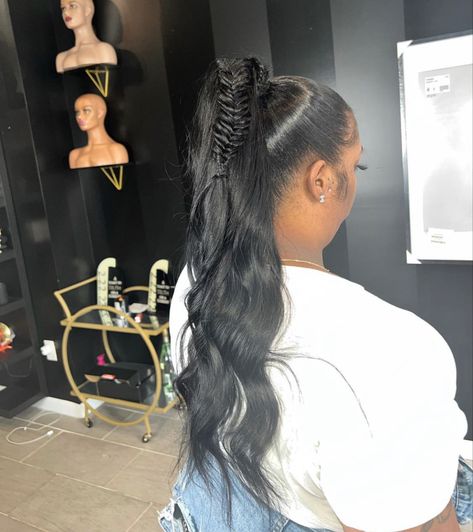 Fluffy Ponytail, Flat Iron Natural Hair, Nurse Hair, Braided Ponytails, Pool Party Outfit, Sleek Braided Ponytail, Black Ponytail, Nurse Hairstyles, Natural Hair Bun Styles