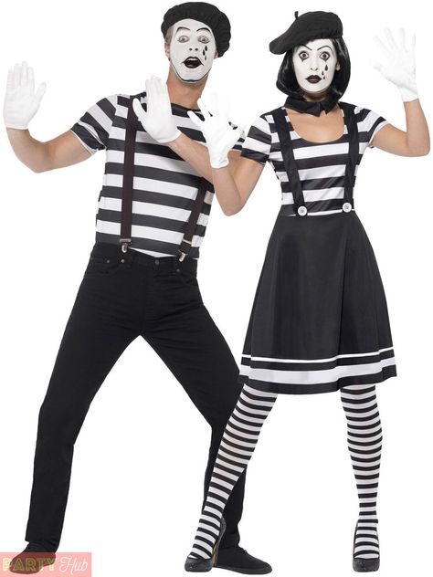 Lady Mime Artist includes a black and white dress, a black beret, a pair of white gloves, black and white striped tights and a make-up set. Transform yourself into an Mime Artist with these Mens or Ladies Costumes… You could really have some fun with these! | eBay! Mime Costume, Mime Artist, Black And White Costume, Black Braces, French Circus, Fancy Dress Ideas, Mens Fancy Dress, Black Beret, Circus Costume