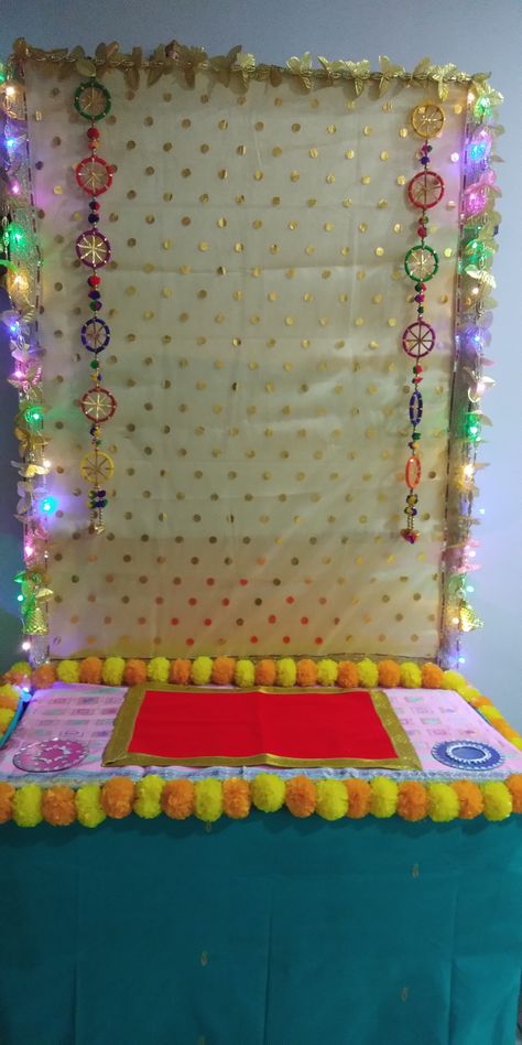 Ganesh Decoration Mandir Decoration Ideas At Home, Mandir Decoration Ideas, Pooja Background, Eco Friendly Ganpati Decoration, Mandir Decor, Chaturthi Decoration, Ganesh Decoration, Mandir Decoration, Ganesh Chaturthi Decoration