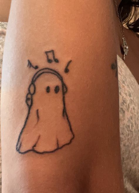 little ghost, phoebe bridgers, small tattoo, music tattoo Ghost Doing Things Tattoo, Cute Indie Tattoos, Ghost Aesthetic Tattoo, Music Tattoo Inspiration, Phoebe Bridgers Minimalist Tattoo, Skeleton And Ghost Tattoo, Pretty Music Tattoos, Ghost Tatooes, Small Matching Tattoos Ghost