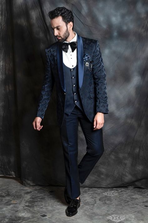 Shop for these amazing collections of Blue Jacquard Tuxedo And Pant Set For Men by Soniya G online at Aza Fashions. Jacquard Suit, Shawl Collar Tuxedo, Blue Tuxedos, Tuxedo Pants, Blazer Set, Black Tuxedo, Indian Fashion Designers, Pant Set, Aza Fashion