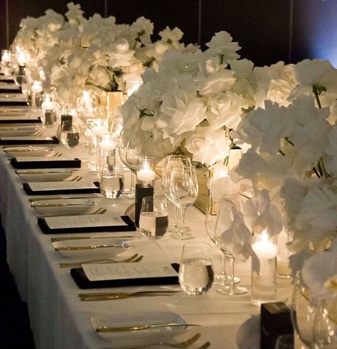 Over The Top Wedding Flowers, Wedding Tablescape No Charger, Wedding Decoration Black And White, Classic Wedding Design, Black And Gold Wedding Table Setting, All White Wedding Centerpieces, Flower And Candle Centerpiece, Candle Tablescapes Wedding, Gold Flowers Wedding