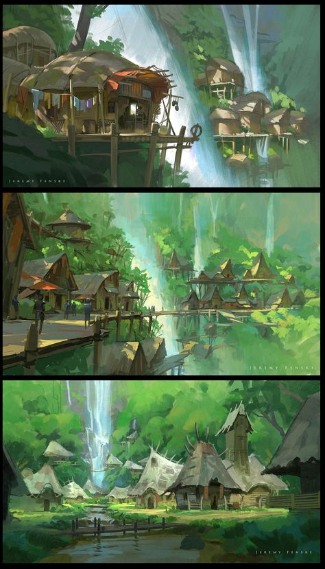 Falls Village by Jeremy Fenske Tropical Village Concept Art, Hateno Village Aesthetic, Jungle Village Art, Swamp Village Concept Art, Pirate Village Concept Art, Swamp Village Fantasy Art, Rainforest Village Concept Art, Jungle Village Concept Art, Tropical Concept Art