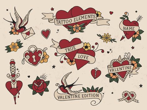 Traditional Tattoo Elements, Traditional Tattoo Love, Sailor Font, Tattoo Elements, Traditional Heart Tattoos, Tattoo Vector, Outline Tattoo, Elements Tattoo, Tattoo Old School