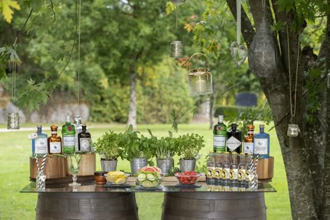 Gin Table at The Johnstown Estate #weddingvenue Gin Station Wedding, Bar Table Party Drink Stations, Gin Bar Wedding Ideas, Gin Table Wedding, Gin Bar Ideas For Home Party, Gin Table Ideas, Bar Table Set Up For Party, Gin Station Ideas, Gin Bar Ideas Parties