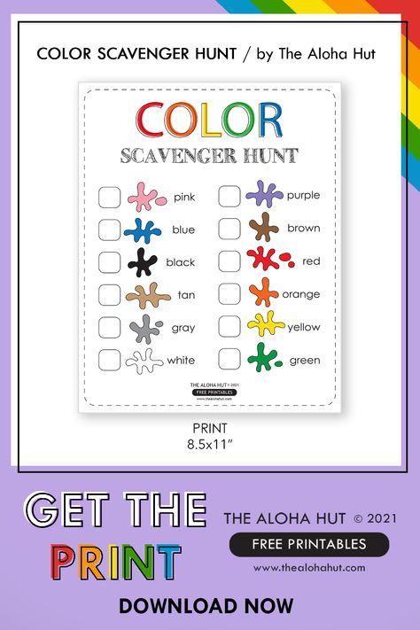 We love scavenger hunts! This is and easy and fun activity you can do with your toddler or preschooler all while teaching them colors. The color scavenger hunt print is free to download at www.thealohahut.com. You can play inside or have them look for color items outside. Outdoor Scavenger Hunt For Preschoolers, Color Scavenger Hunt Printable Free, Preschool Nature Scavenger Hunt Free Printables, Classroom Scavenger Hunt Kindergarten, Color Scavenger Hunt Printable, Scavenger Hunt For Preschoolers, Preschool Preparation, Color Scavenger Hunt, Summer Scavenger Hunt