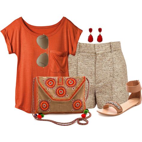 Combinaison - beige + orange!! Orange Outfit Ideas Summer, Orange Casual Outfit, Look Boho Chic, Nosara, Look Plus Size, Outfits Verano, Casual Chic Outfit, Summer Fashion Outfits, Ankle Pants