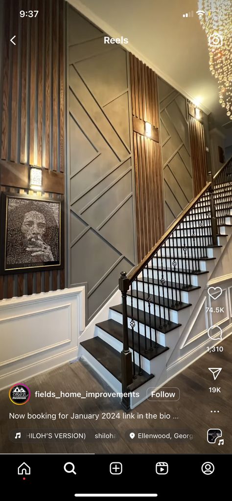 Foyer Seating Ideas, Stairway Accent Wall, Foyer Seating, Skulls Wallpaper, Stairs Wall, Staircase Wall Decor, Small Foyer, House Wall Design, Accent Wall Designs