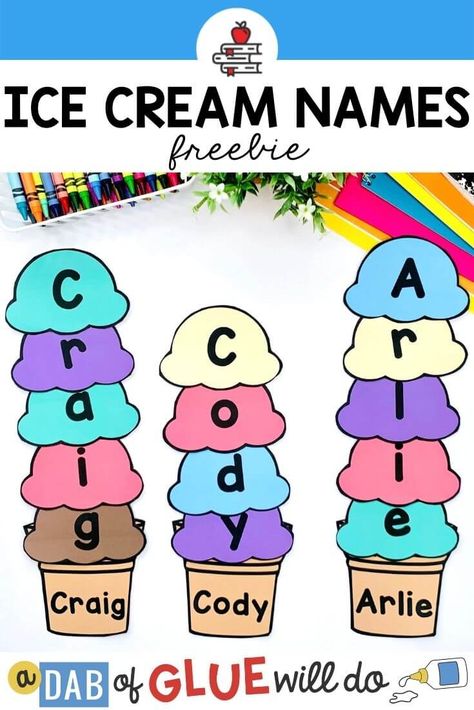 The Name Building Activity Ice Cream Scoops Freebie is the perfect option for helping kids learn to spell their own names! Grab our free printable option here! Ice Cream Literacy Preschool, Ice Cream Names Preschool, Summer Name Activities Preschool, Ice Cream Songs For Toddlers, Pre K Ice Cream Activities, Ice Cream Cone Activities For Preschool, Ice Cream Curriculum Preschool, Pre K Food Crafts, Ice Cream Math Activities For Preschool