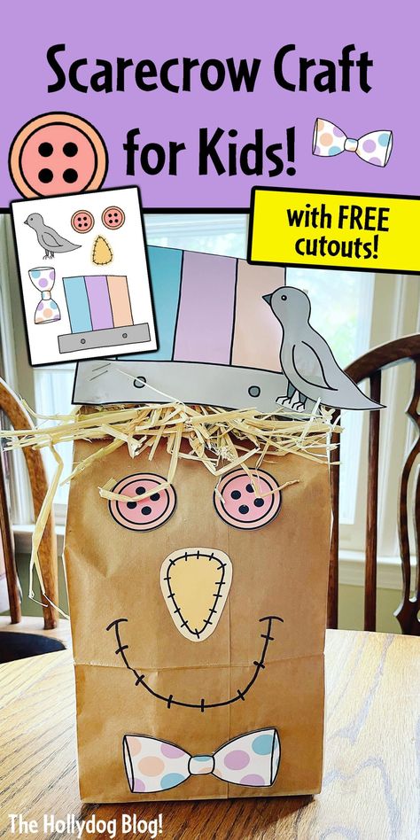 Paper Bag Scarecrow Craft for Kids (with free cutouts!) ⋆ The Hollydog Blog Scarecrow Preschool Activities Free, Paper Bag Scarecrow Craft For Kids, Build A Scarecrow Craft, Simple Scarecrow Craft, Preschool Scarecrow Activities, Scarecrow Preschool Crafts, Scarecrow Preschool Activities, Scarecrow Activities Preschool, Scarecrow Crafts Preschool