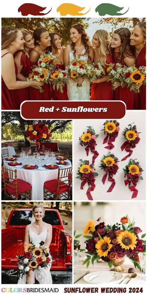 Red And Yellow Wedding Colors, Sunflower And Roses Wedding Decorations, Wedding Color Schemes Sunflowers, Sunflower Wedding Theme Rustic, Rustic Sunflower Wedding Decor, Pretty Wedding Colors, Burgundy And Sunflower Wedding, Yellow Red Wedding, Sunflower Wedding Colors