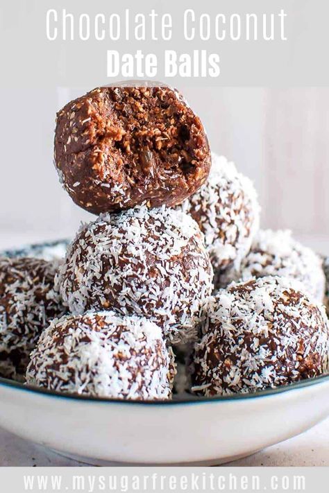 Chocolate Coconut Date Bliss Balls are sweet and chewy and made with just 5 ingredients. Dates, coconut, peanut butter, oats & unsweetened cocoa powder. Freezer friendly or they keep fresh in the fridge for 7 days. #blissballs #chocolateballs #dateballs Date And Cocoa Energy Balls, Coconut Cocoa Balls, Dates Peanut Butter Balls, Chocolate Peanut Butter Date Balls, Date Bliss Balls, Oat Bliss Balls, Chocolate Bliss Balls, Date Peanut Butter Balls, Date Chocolate Balls