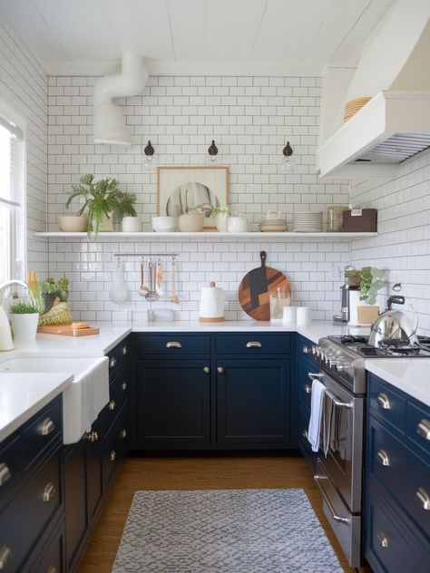 27 Navy Blue Kitchen Cabinets – Your Motor Geek White Upper Kitchen Cabinets Navy Blue Lower, Navy Accent Kitchen, Kitchens With Peninsulas, Navy And White Kitchen, Kitchen With Blue Cabinets, Dark Blue Kitchen Cabinets, Navy Kitchen Cabinets, Navy Blue Kitchen Cabinets, Blue Kitchen Walls