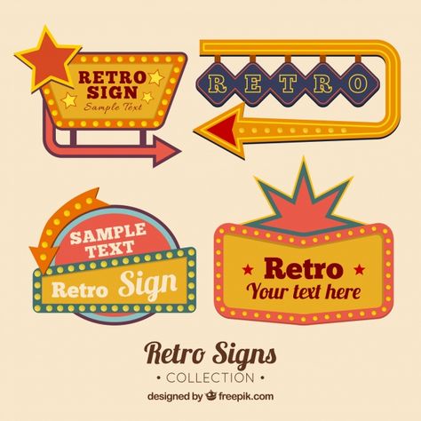 Four outdoor signs, retro style Free Vector Retro Theme Poster, Retro Style Restaurant, Retro Signs Vintage, Vitrine Design, Retro Signage, Retro Signs, Sign Board Design, Retro Graphics, Retro Vector