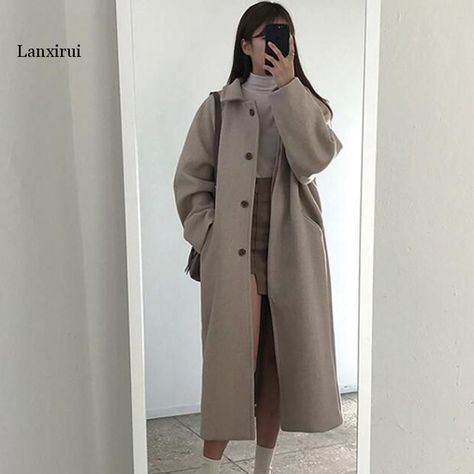 Coat Aesthetic, Korean Coat, Korea Winter, Female Coat, Coat Korean, Woolen Coat Woman, Korean Winter, Korean Shorts, Long Black Coat