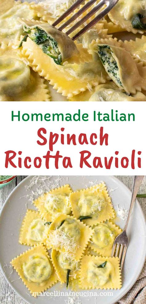 These delicate Italian ravioli are filled with rich, creamy ricotta, spinach, savory Parmigiano Reggiano cheese and a touch of nutmeg. #Ravioli #Homemade #SpinachRicottaRavioli Ravioli Recipe Filling, Homemade Ravioli Dough, Spinach Ricotta Ravioli, Ravioli From Scratch, Ravioli Homemade, Cheese Ravioli Recipe, Italian Ravioli, Ravioli Recipe Homemade, Spinach And Cheese Ravioli