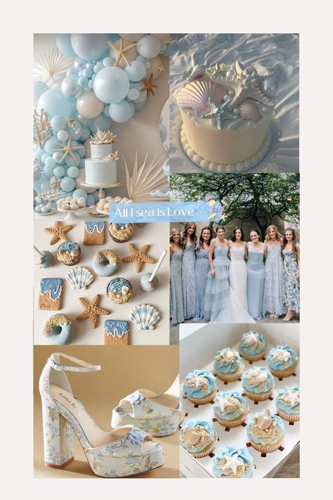 Seashells, Blue, Ocean, Sand Sea Theme Bridal Shower Ideas, All I Sea Is Love Theme, Ocean Theme Bridal Shower Ideas, Beachy Bridal Shower Ideas, Ocean Bridal Shower Ideas, All I Sea Is Love Bridal Shower Theme, Beach Theme Bridal Shower Ideas, Beach Desserts, Beach Wedding Shower