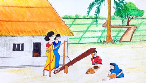 #drawing #scenerydrawing #easydrawing #howtodraw Landscape Easy Drawing, Rural Drawing, Daily Life Drawing, Village Women, Scenery Drawing, Rural Women, Rural Landscape, Natural Scenery, Women Lifestyle