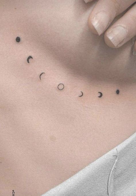 Cute Moon Phases Tattoo, Moon And Space Tattoo, Moon Behind Clouds Tattoo, Moon Tattoo Chest Woman, Unique Space Tattoos, Phases Of The Moon Tattoo Small, Minimal Space Tattoo, Small Moon Phase Tattoo, Time And Space Tattoo