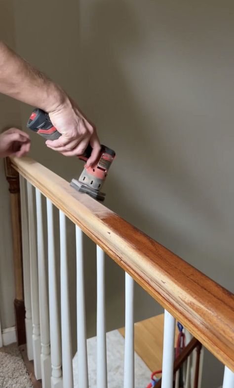 How to Refinish Staircase Railings #Post Title﻿ ﻿-﻿ ﻿#Site Title Replacing Staircase Spindles, 1990s Staircase Remodel, How To Repaint Stair Railing, Update Handrail, Updates Stair Railing, Updating Newel Posts, Refinishing Stair Railing Banisters, Updated Stair Railing Wood, Banisters And Railings Makeover Wood