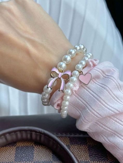 Pink  Collar  Cultured Pearl   Embellished   Women Fashion Jewelry Pearl Bracelet Stack, Kalung Manik-manik, Pola Gelang, Gelang Manik, Ballet Fashion, Pink Girly Things, Heart Shape Pendant, Clean Girl, Girly Jewelry