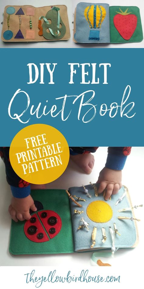 Make a DIY felt quiet book with this beginner friendly tutorial and free printable pattern. Help toddlers with fine motor skills, colours and counting. Buku Diy, Diy Busy Books, Felt Quiet Book, Quiet Book Templates, Diy Quiet Books, Baby Quiet Book, Book Pattern, Quiet Book Patterns, Toddler Quiet Book