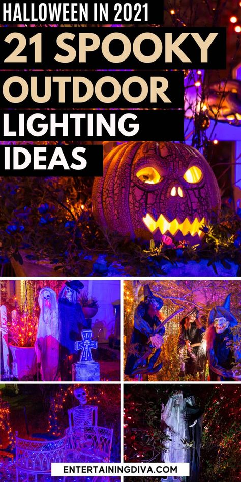 21 Spooky Outdoor Lighting Ideas | Best of Entertaining Diva Spooky Outdoor Halloween Decor, Halloween Lighting, Halloween Lighting Outdoor, Outdoor Lighting Ideas, Yard Haunt, Halloween Graveyard, Diy Halloween Decor, Halloween Yard Decorations, Halloween Outdoor