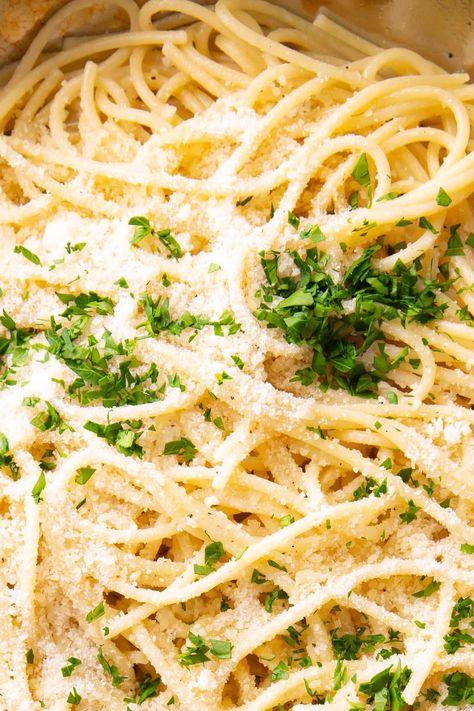 Buttery garlic comfort: This Garlic Butter Pasta boasts just the right amount of savory garlic butter sauce that coats your favorite pasta topped with grated parmesan and fresh parsley! Perfect for an Italian-inspired lunch or dinner! | Recipe at BeamingBaker.com Creamy Garlic Butter Pasta, Butter Garlic Parmesan Sauce, Garlic Butter Fettuccine Noodles, Easy Garlic Parmesan Sauce, Butter Garlic Sauce For Pasta, Garlic And Herb Pasta, Garlic Butter Pasta Sauce, Garlic Butter Sauce For Pasta, Garlic Herb Pasta