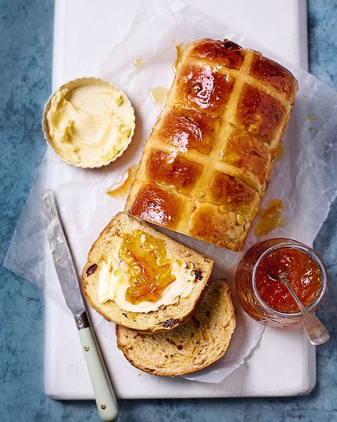 A twist on the Easter tradition of hot cross buns, this orange and anise hot cross bun loaf is best served with a good smear of butter and marmalade. Hot Cross Bun Loaf Recipe, Hot Cross Bun Loaf, Easter Flavours, Easter Bakes, Hot Cross Buns Recipe, Hot Cross Bun, Candied Orange Peel, Easter Baking, Delicious Magazine