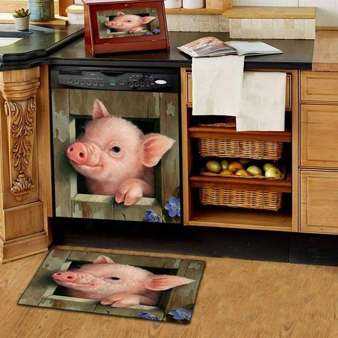 Pig Kitchen Decor, Pig Kitchen, Outside Flooring, Dishwasher Cover, Dishwasher Magnet, Farm Cow, Pig Farming, Entrance Mat, Cute Pigs