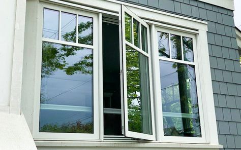 vinyl casement window heritage grids open Short Fractional Window, Windows With Grids On Top, Anderson Windows Ideas, Casement Windows With Grids, Black Window Grids Styles, Picture Windows That Open, English Cottage Windows, White Casement Windows, Casement Windows Living Room