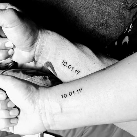 Matching wedding date tattoos. Type writer font. Wedding Date Tattoo, Wedding Anniversary Tattoo, Wedding Date Tattoos, Date Tattoo Ideas, Married Couple Tattoos, Date Tattoo, Anniversary Tattoo, Couple Tattoos Unique Meaningful, Matching Friend Tattoos