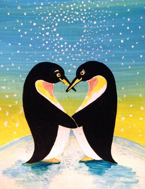 Learn how to paint "Penguins Love" - part of the Paint Nite library created by Divinity Chan, Vancouver artist. Ask your local Paint Nite licensee/artist in your area to schedule it for the next #PaintNite event. Penguins In Love, Couples Canvas Painting, Shark Painting, Love Birds Painting, Paint Nite, Turtle Painting, Easy Canvas Painting, Cartoon Painting, Airbrush Art