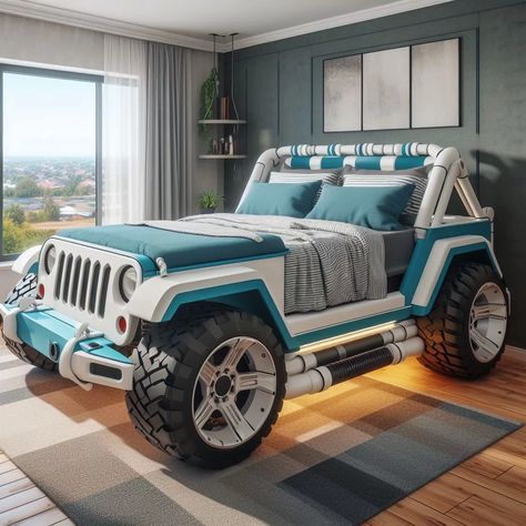 Brand New Jeep-Shaped Beds: Adventure Begins at Bedtime Bedroom Creative Ideas, Jeep Bed, Weird Beds, Cool Beds For Kids, Safari Bedroom, Magical Bedroom, Amazing Bedroom Designs, Beds For Kids, Guest Room Ideas