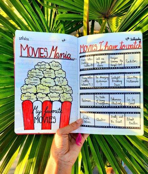 How to create a Movies Mania page in ur journal. Just write your favorite movies and movies you have to watch. Things To Write In Ur Diary, How To Make A Dairy Book, Favorite Movies Journal, Diary Drawing Ideas, Slam Book Ideas, Notebook Profile, December Journal, Slam Book, Bullet Journal Work