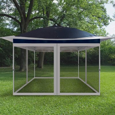 Outdoor gazebo pop-up canopy tent extra shade including sliding all around mosquito netting wall, with a durable frame, 4 sandbags, wheeled bag - easy set-up and folding commercial instant canopy for patio or camping or deck or garden. Roof Color: Navy/Gray | casualstay 12 Ft. W X 12 Ft. D Steel Pop-Up Canopy 107.0 H x 144.0 W x 144.0 D in white / blue / blackMetal / Steel / Soft-top in Navy / Gray | 12' W X 12' D X 8' 11" H | Wayfair Steel Storage Sheds, Outdoor Gazebo, Grill Gazebo, Bubble Tent, Instant Canopy, Canopy Frame, Pop Up Canopy Tent, Gazebo Canopy, Outdoor Gazebos