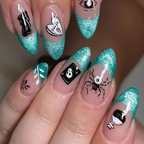 Halloween Almond Shaped Press Nails Middle Length Mixed - Temu Sally Nails, Nightmare Before Christmas Sally, Glitter French Tips, Nail Tip Designs, Halloween Press On Nails, Nagel Tips, Nail Type, Nail Forms, Nail Length