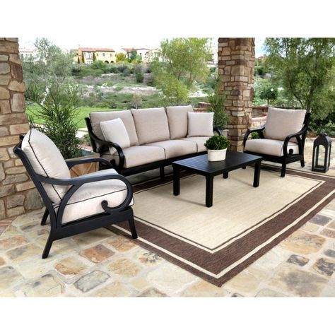 Sunset West Monterey Aluminum 4 Piece Patio Conversation Set with Sunbrella Cushions | Hayneedle Discount Patio Furniture, 60 Round Dining Table, Backyard Furniture, Outdoor Lounge Set, Aluminum Patio, Patio Lounge, Conversation Set Patio, Rectangular Dining Table, Outdoor Lounge