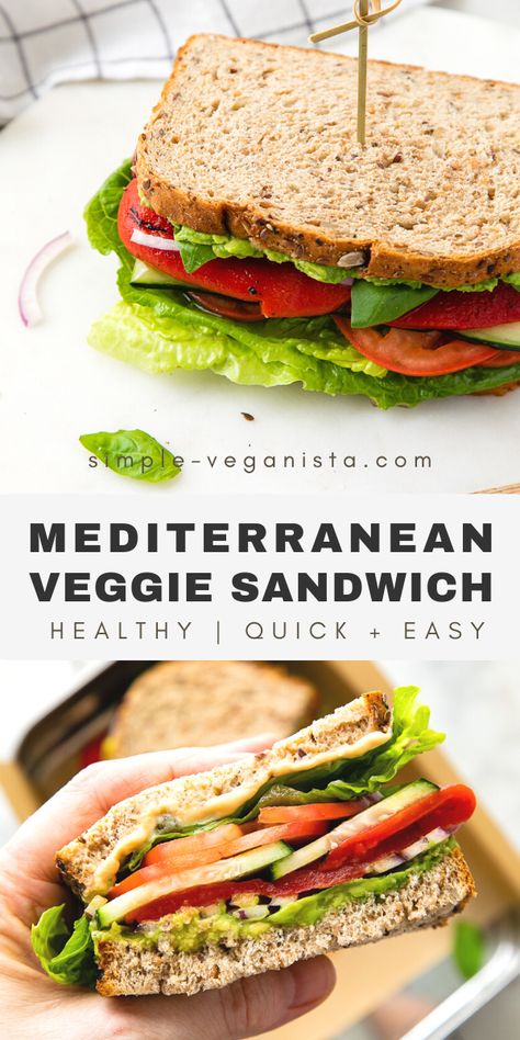 Sandwich Recipes For Lunch, Mediterranean Veggie Sandwich, Veggie Sandwich Recipes, Vegetarian Sandwich Recipes, Vegan Sandwich Recipes, Mediterranean Diet Recipes Dinners, Recipes For Lunch, I Lost 100 Pounds, Easy Mediterranean Diet Recipes