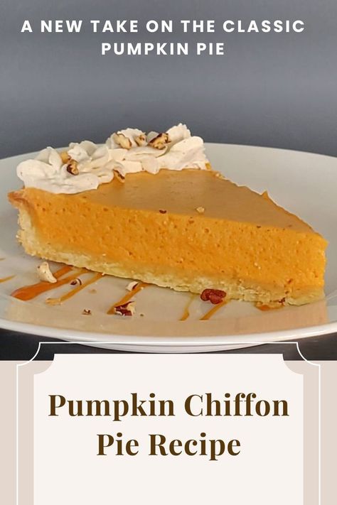 Pumpkin Chiffon Pie Recipe: a light and airy alternative to the classic pumpkin custard pie. This chiffon pie has a nice balance of spices, such as cinnamon, nutmeg, and ginger, with the pumpkin flavor. The light texture of the pumpkin chiffon comes from folding beaten egg whites into the pumpkin filling. An ideal dessert for Autumn, Thanksgiving or anytime! Pumpkin Chiffon Pie Recipe, Pumpkin Custard Pie Recipe, Pumpkin Custard Pie, Chiffon Pie Recipe, Chiffon Recipe, Pumpkin Chiffon, Pumpkin Chiffon Pie, Holiday Pies Recipes, Chiffon Pie