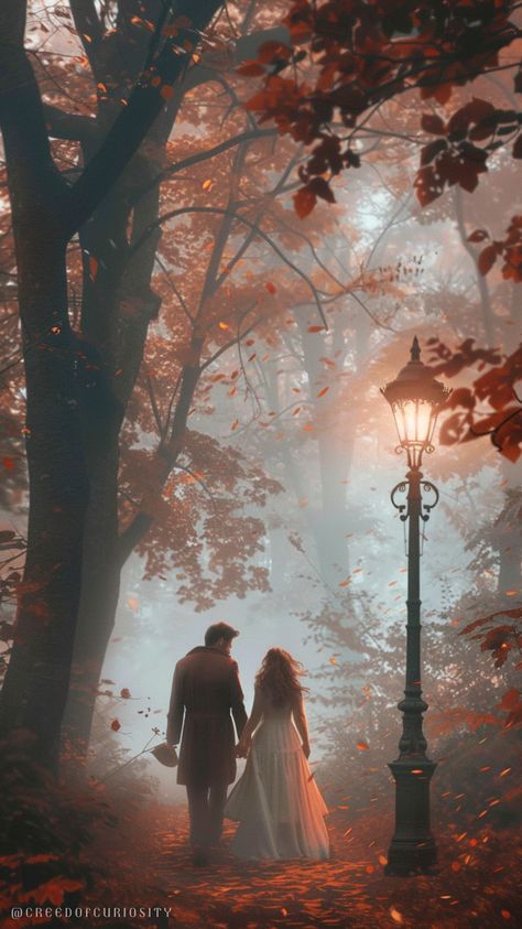 romantic date night, mysterious forest, spooky atmosphere, autumn leaves, glowing streetlamp, hand-in-hand, red-haired woman in velvet coat, man in trench coat, moody fog, glowing embers, intimate walk, fall colors, trending romance, adventure, on the case, mystery, misty woods, warm fall tones, cozy yet eerie, mystery-solving couple, quiet footsteps, enchanting evening, bigfoot Man In Trench Coat, Misty Woods, Fall Background Wallpaper, Glowing Embers, Saved Pictures, Mysterious Forest, Fall Tones, Fall Background, Dark Arts